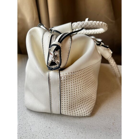 Guess White Leather Perforated Satchel Handbag With Braided Handle 6 tall 10” L - Picture 12 of 16